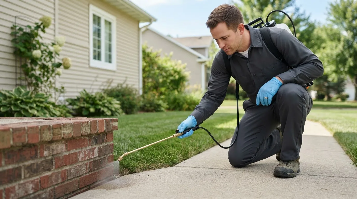 Pest control technician treating a home near Grant, IA