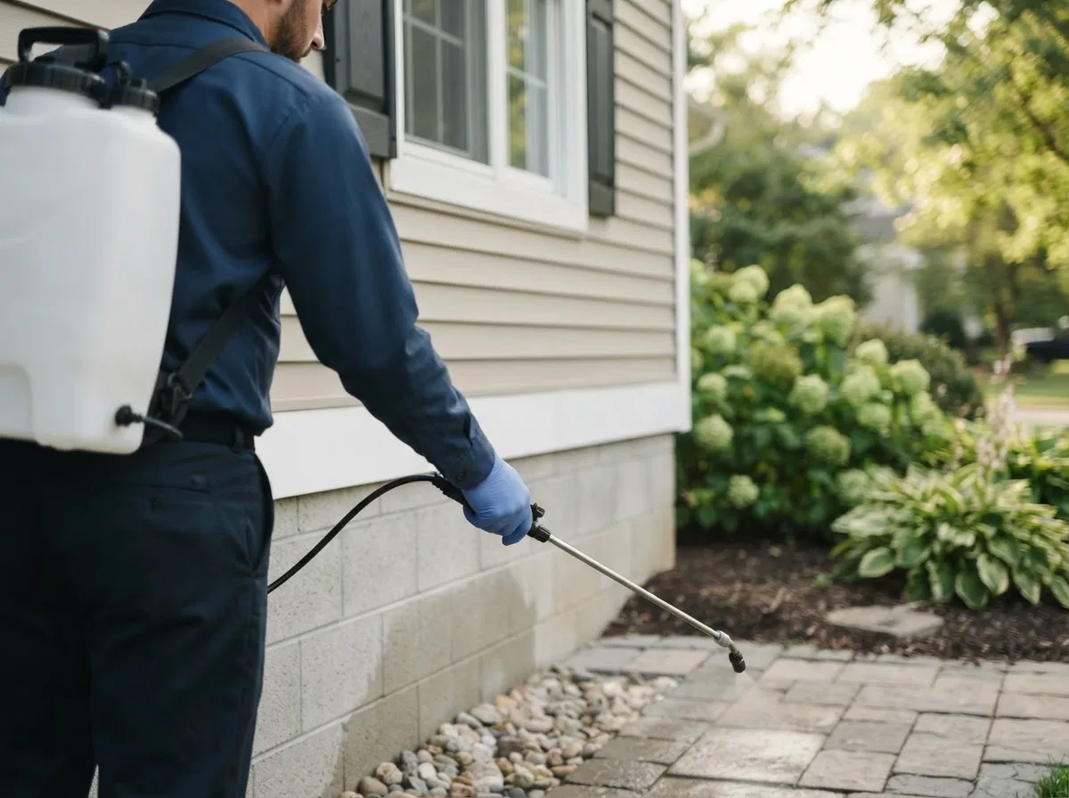 Pest control technician inspecting a home in Grant, IA